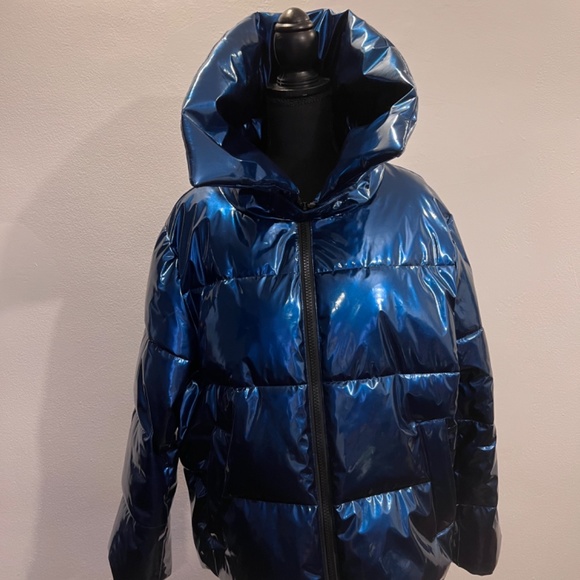 Kendall & Kylie Blue Shiny Winter Puffer Jacket size L (used) - Picture 1 of 5